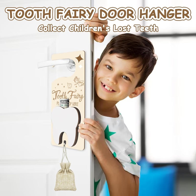 AINBIN Store Tooth Fairy Door Hanger, Tooth Fairy Tooth Holder Kit with Money Slot Keepsake Bottle Burlap Pouch & Upgrade Night Light, Wooden Encourage Gift for Kids Children Boys Girls Lost Teeth (Brown) - Image 3